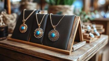 Elegant jewelry display showcasing intricate blue pendants in a boutique setting. photo