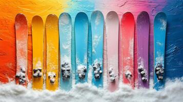Colorful skis lined up on snow against a vibrant background in a winter setting. photo