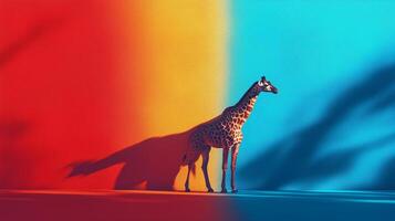 Giraffe standing against a vibrant blue and red background showcasing unique colors and shadows. photo