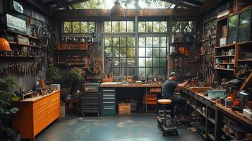 Craftsman working in a well-organized workshop surrounded by tools and natural light. photo