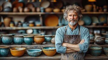 Skilled potter standing proudly among handmade pottery in a rustic studio. photo