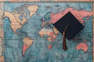 Graduation cap placed on a vintage world map highlighting global education and achievement. photo