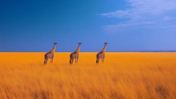 Three giraffes walking through a vibrant golden grassland under a clear blue sky. photo