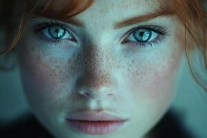 Close-up portrait capturing captivating blue eyes and natural freckles of a red-haired individual. photo