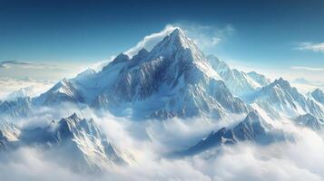 Snow-covered mountain peaks surrounded by clouds at sunrise in a stunning alpine landscape. photo