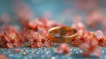 Golden wedding ring surrounded by delicate pink flowers and sparkling decoration. photo
