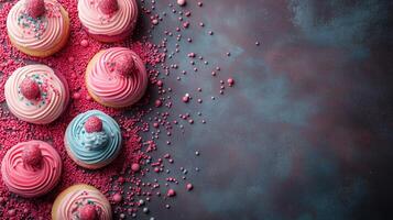 Colorful cupcakes garnished with cream and sprinkles on a textured surface. photo