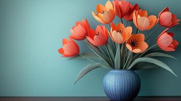 Vibrant paper flowers in a blue vase against a teal wall creating a colorful home decor display. photo