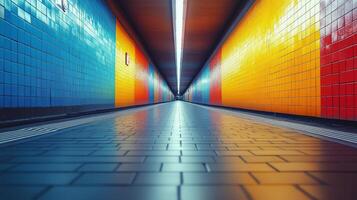 Colorful subway corridor with vibrant tile patterns in an urban setting. photo