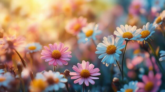 Vibrant field of blooming daisies in spring sunlight creates a colorful and cheerful atmosphere. photo