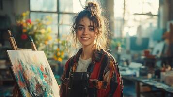Smiling artist stands near canvas in bright creative studio filled with colorful artwork. photo