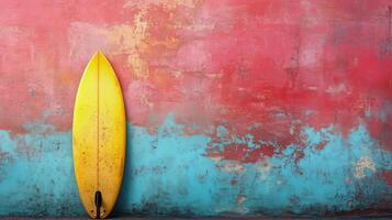 brillante amarillo tabla de surf en contra vibrante texturizado pared en tropical ajuste. foto