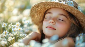 Girl relaxing among wildflowers in a sunlit meadow on a warm summer day. photo