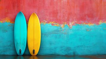 Colorful surfboards against a vibrant wall in a coastal setting. photo
