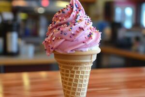 Delicious pink swirl ice cream served in a waffle cone at a local parlor. photo