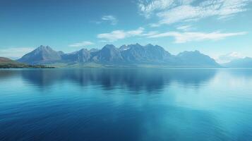 Scenic mountain view reflecting on calm blue water at dawn in a picturesque landscape. photo