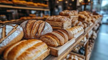 Freshly baked bread displayed in a rustic bakery during a busy morning. photo