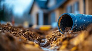 Construction site showing plumbing work with a blue pipe and dirt in focus. photo
