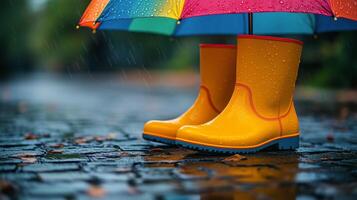 Bright yellow rain boots stand on wet cobblestones with colorful umbrella on a rainy day in the park. photo