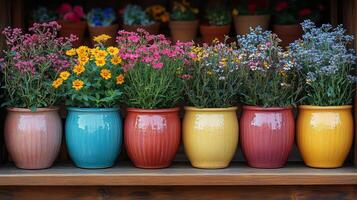 Colorful flower pots arranged in a rustic display showcasing vibrant blooms and greenery. photo