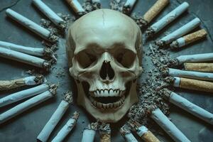 Skull surrounded by cigarette butts emphasizes addiction and mortality in a striking visual representation. photo