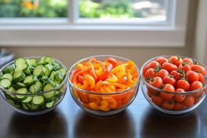 Freshly chopped vegetables in clear bowls on a wooden table near a sunny window. photo