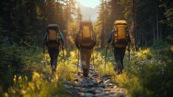 Hikers journey through a sunlit forest trail in the mountains during late afternoon. photo