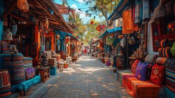 Colorful market street filled with handicrafts and vibrant textiles in a sunny setting. photo