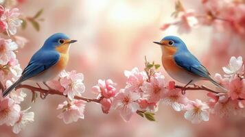 Two blue birds perched on cherry blossom branches during springtime bloom. photo