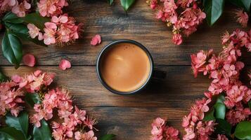 Coffee cup surrounded by pink flowers on a wooden table in a cozy atmosphere. photo