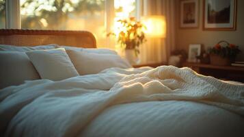 Cozy bedroom with soft bedding and warm sunlight filtering through the window in the early morning. photo