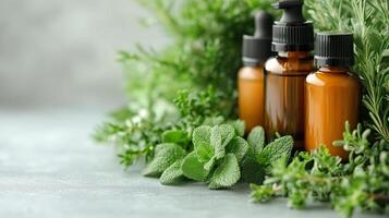 Essential oils displayed among fresh herbs on a rustic table in natural light. photo