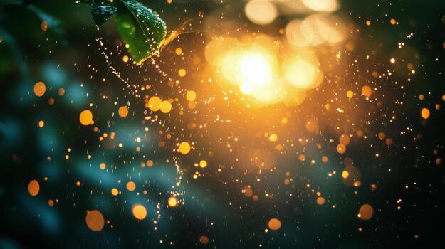 Sunlight filters through rain droplets creating a sparkling display in a lush green environment. photo