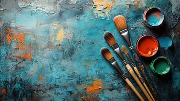 Artistic tools and vibrant paint colors arranged on a textured canvas. photo