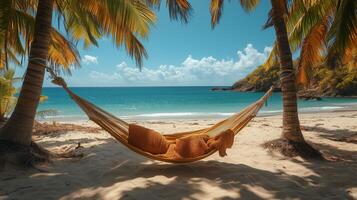 Relaxing afternoon in a hammock on a tropical beach with palm trees and clear blue ocean. photo