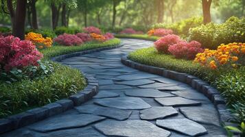 Vibrant flowers line a winding stone pathway in a serene garden during golden hour. photo
