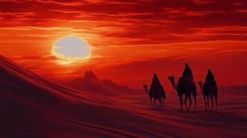 Majestic sunset over sand dunes with camels and travelers in the desert. photo
