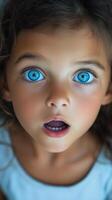 Young girl expressing surprise with wide open blue eyes and a shocked mouth while looking up. photo
