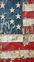 Unraveling the beauty of a weathered American flag on an old surface with peeling paint. photo