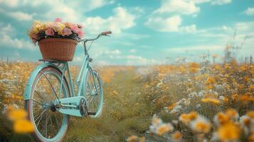 Vintage bicycle with flowers in a sunny field under a beautiful sky in springtime. photo
