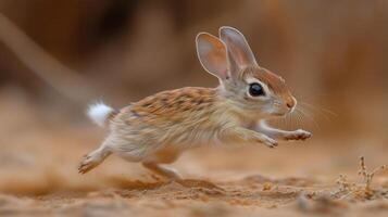 Rabbit leaps gracefully across sandy terrain during the golden hour in a natural setting. photo
