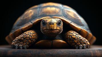 Detailed close-up of a tortoise showcasing its textured shell and expressive face. photo