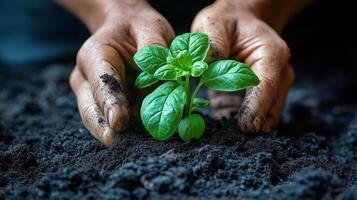 Hands planting a young green seedling in rich black soil during the daytime. photo