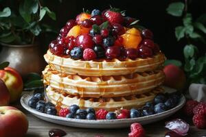 Delicious stack of waffles topped with fresh fruits and syrup in a cozy setting. photo