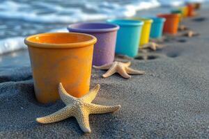 Colorful beach buckets and starfish on sandy shore at sunset. photo