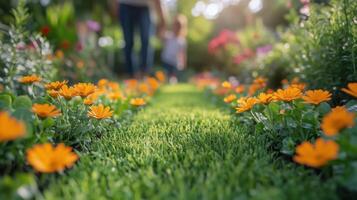 Bright yellow flowers line a lush green garden path on a sunny afternoon. photo
