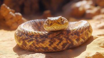 Rattlesnake resting on warm desert ground under bright sunlight in a natural habitat. photo