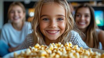 Friends enjoying popcorn together during a cozy movie night at home in the evening. photo