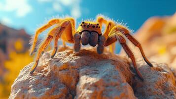 Bright yellow spider on a rocky surface under a clear blue sky in natural habitat. photo