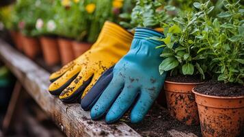 Gardening gloves resting on a wooden table next to potted plants filled with rich soil. photo